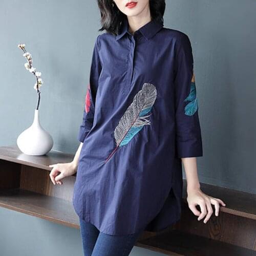 Casual Cotton Plus size Feather Embroidery Long Blouse Women 3/4 Sleeve Art Loose Ladies Office Work Tops Button Down Shirts
