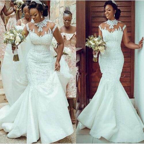 Plus Size Arabic Luxurious Lace Beaded Wedding Dresses Mermaid High Neck Bridal Dresses Vintage Sexy Wedding Gowns