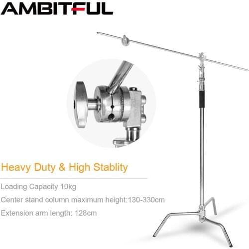 C Stand Metal Max Height 130"/330cm Adjustable Reflector Stand with 50"/128cm Holding Arm and 2 Pieces Grip Head for Stuido