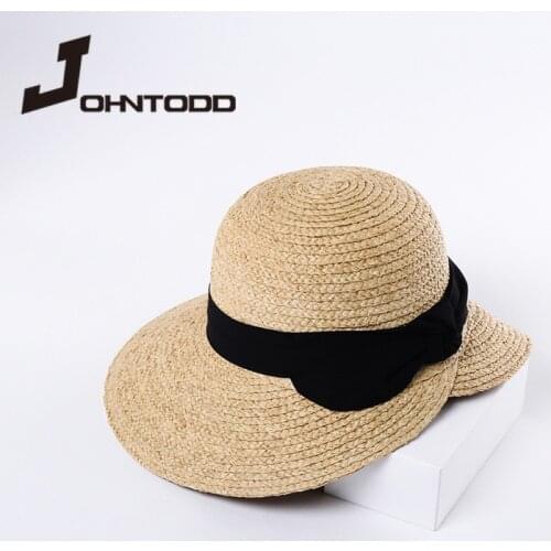 2021 New Summer Women Sun Hat Raffia Grass Straw Folding Wide Brim Bucket Hat with Ribbon Bow Lady Beach Hat Dome Bucket Cap
