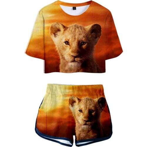 Y2K Kawaii Lion Two Pieces Sets Women Girls Tshirt Film Glory Kingdom King The Lion King Simba Sexy Girls Beach T-shirts Suits
