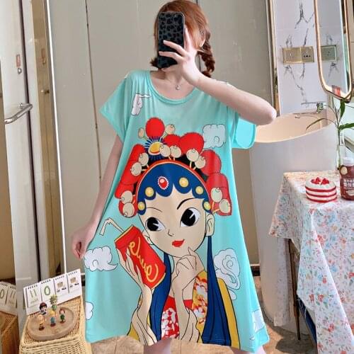 Women Homewear Short Sleeve Sleep Dress Cartoon Pattern Printed Sleepshirt Female Summer Short Sleeve O Neck Collar Sleepwear