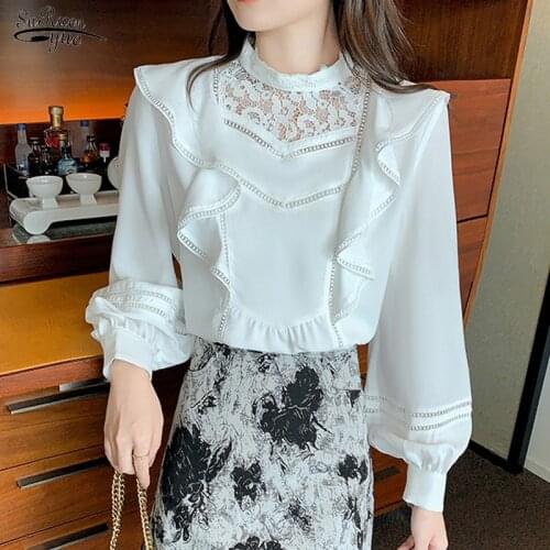 Autumn Fairy White Lantern Sleeve Top Elegant Crochet Hollow Ruffled Long Sleeve Blouse Stand-up Collar Lace Chiffon Shirt 16994