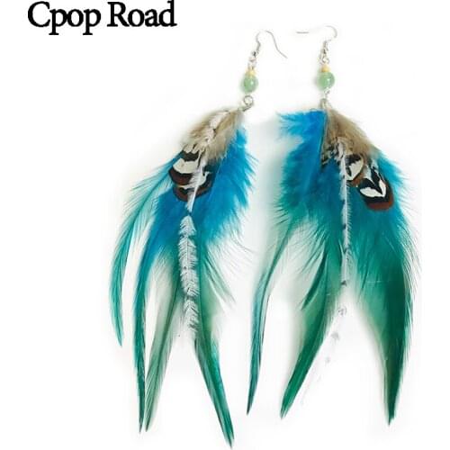 Cpop Boho Nature Colorful Feather Earrings Nature Stone Beads Pendant Statement Ethnic Earring Feather Jewelry Women Accessories
