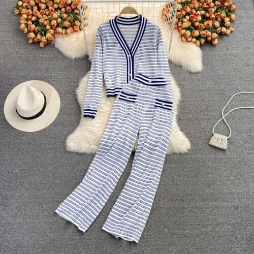 Fashion Brand Women Sweater Track Suit Autumn Sexy V-Neck Striped Knitted Cardigan Top+Casual Wide Leg Pants Two Pieces Suit