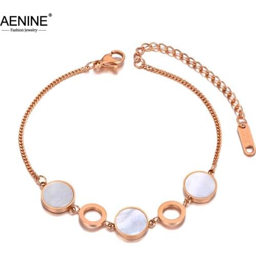 AENINE Trendy Shell Round Circle Charm Party Bracelet Bangle Stainless Steel Bohemia Chain & Link Bracelets For Women AB20175