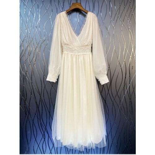 Sexy V-Neck Long White Dress 2021 Autumn Luxury Party Wedding Women Lace Beading Deco Long Sleeve Elegant Maxi Dress Festival