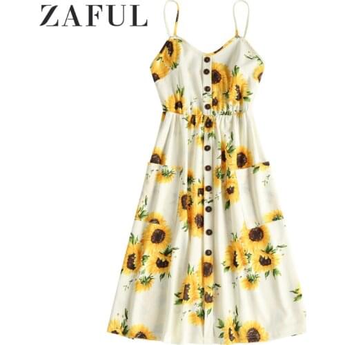 ZAFUL Boho Floral Print Summer Dress V Neck Pockets Sleeveless Midi Dresses Female Sunflower Pleated Backless Button Sexy Dress