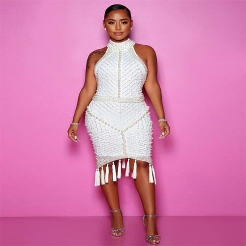 Sparkly Tassel Pearl Halter Sexy Bodycon Dresses Black White Nightclub Hot Bar Singer Birthday Party Dress Custome Wear