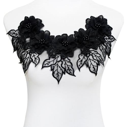 10piece Black Beaded Sequin 3D Floral Lace Patch Neckline Collar Lace Fabric Embroidery Applique Motif Sewing Accessories T1789