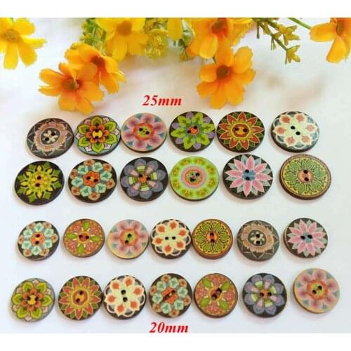 120pcs wood button 20mm/25mm 2-holes Printed vintage flower buttons for craft garment accessories scrapbooking Childrens cloth