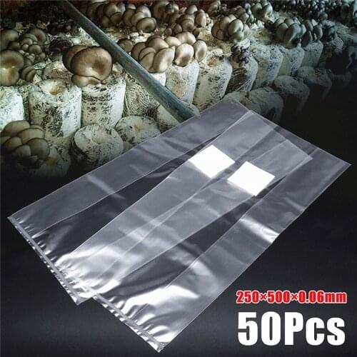50Pcs Grow Bag PVC Mushroom Root Spawn Farm Grow Bag Substrate High Temp Pre Sealable Garden Supplies Grow Bags 250x500x0.06mm