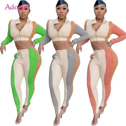 Adogirl Color Patchwork Women Tracksuit Casual Two Piece Set Zipper Long Sleve Crop Top Pencil Pants