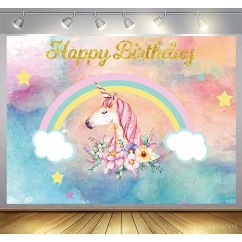 Watercolor Painting Rainbow Newborn Baby Shower Photography Background Unicorn Silver Glitter Pony Girl Brithday Backdrops