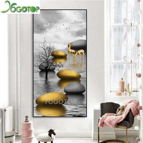 DIY Diamond painting Seaside Landscape Abstract 5d Diamond Embroidery full square round Rhinestone Golden Deer Stone YY3440