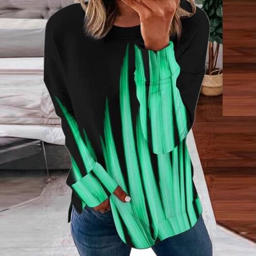 40# Geometry Stitching Blouses Top Womans Contrast Color Print Long Sleeve Blouse Shirt Tops O-neck Loose Casual BlousesРубашка