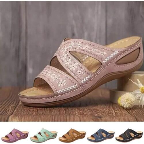 2021 Summer Women Wedge Sandals Premium Orthopedic Open Toe Sandals Vintage Casual Female Anti-slip Leather Platform Retro Shoes