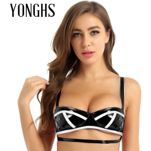 Womens Lingerie Leather Bra Top for Sex Wet Look Lingerie Shoulder Straps Cut Out Underbust Hot Bra Wire-free Unlined Bra Top