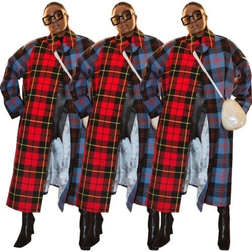 FNOCE 2021 new spring womens coats fashion trends casual streetwear plaid patchwork long sleeve X-Long slim trench coats