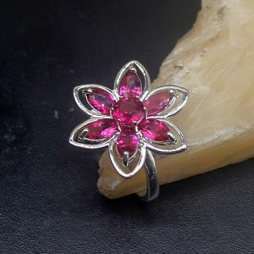 Gemstonefactory Jewelry Big Promotion Single Unique 925 Silver Shiny Flower Red Topaz Women Men Gifts Band Rings 7# 20212945