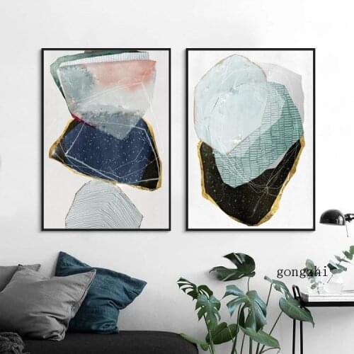 Geometric Color Block Abstract Nordic Poster Blue Golden Line Canvas Painting Print Wall Art Pictures for Living Room Decoration