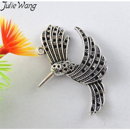 Julie Wang 10pcs Hummingbird Alloy Charms Antique Silver Color Bird Necklace Pendant Earrings Findings Jewelry Making Accessory