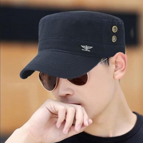 Fashion Metal label military cap Men Women Cotton Flat Top Hat solid color outdoor casual Sun Visor casquette gorras militares