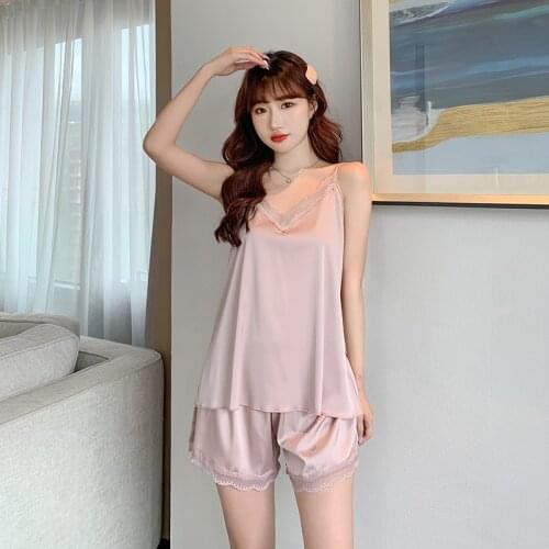 Spring Summer Thin Satin Sling Shorts Suit Sexy Sleepwear Charming Lace Womens Pajamas Set Silk Home Clothes Nightwear