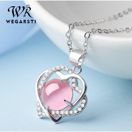 WEGARSTI Natural Rose Quartz Heart Pendant Necklace 925 Sterling Silver Gemstones Choker Statement Necklace Women Fine Jewelry