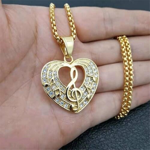 Womens Mens Music Note Heart Necklace & Pendant Gold Color Stainless Steel Iced Out Tennis Chain Hip Hop Jewelry For Gift