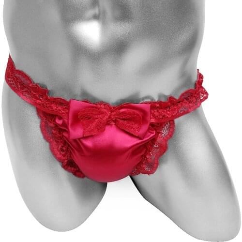 Sexy Shiny Satin Sissy Lingerie Panties With Bowknot For Mens Bikini Underwear T Back Frilly Ruffled Lace Thong Underpants