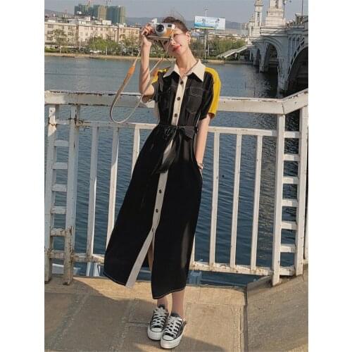 Turned Down Collar Short Sleeve Dress Female Summer 2021 New Design French Retro Temperament Slim Shirt Long Dress Women zh922