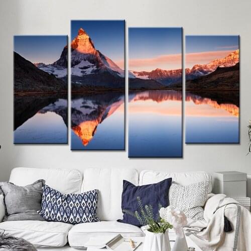 Modern Art Wall Poster Hd Canvas Painting Snow Mountain Sunrise Scenery Picture Decorative Living Room Mural Four-Piece No Frame