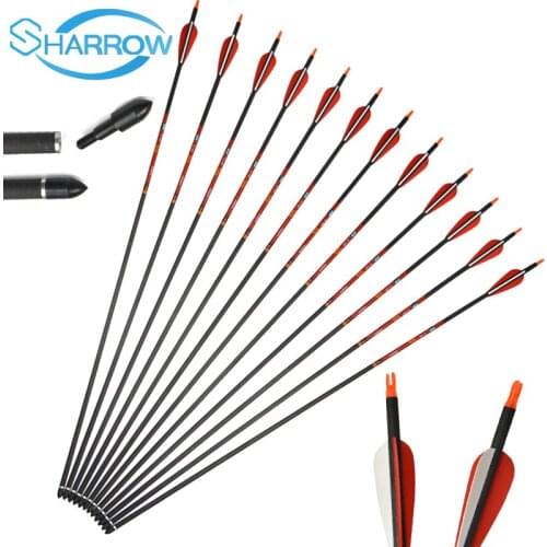 SHARROW NEW 12pcs 31inch 400 Spine Archery Pure Carbon Arrow ID6.2MM Replaceable Arrowhead For Compound Bow Recurvebow Arrows