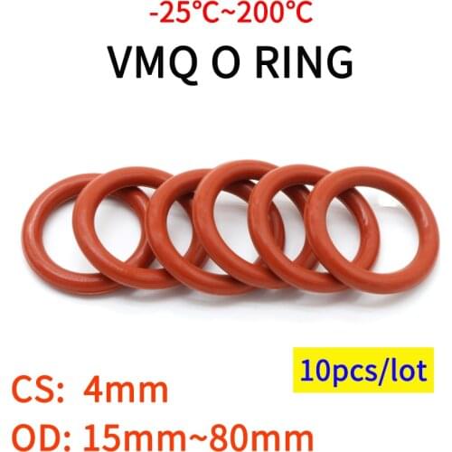 10pcs Red VMQ Silicone Ring Gasket CS 4mm OD 15 ~ 80mm Silicon O Ring Gasket Food Grade Rubber o-ring vmq assortment hvac tools