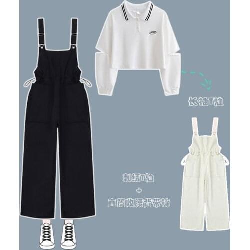 Spring and Autumn Casual Suit Female Student Korean Loose Embroidered T-shirt + Waist Straight Wide Leg Bib Two-piece Suit
