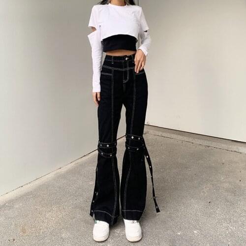 Eyelet Element Strap Decoration Ladies Trousers 2021 New Womens Trousers High-Waisted Lined Thin Casual Jeans y2k Womens Pants
