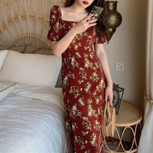 Red French floral dress with square neck and gathered waist dress womens summer 2021 new dress off shoulder ruffle dress