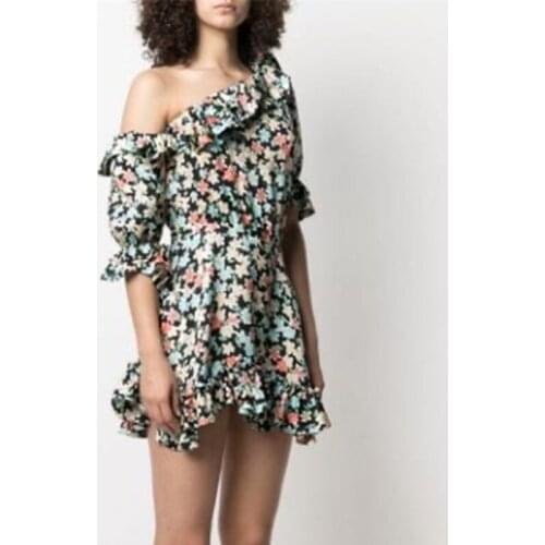 Ruffles One Shoulder Sexy Dress Women 2021 Floral Print Summer Dress Fit Flare Chiffon Short Mini Dress for Holiday Vacation