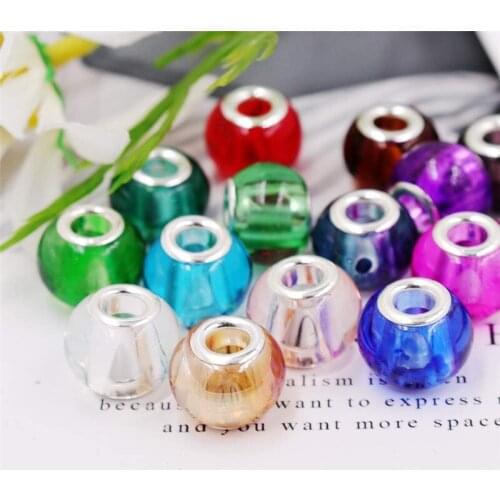 10Pcs 16mm Round Glass Spacer Beads Large Hole Round Clear Crystal Beads Silver Plated for Jewelry Making Fit Pandora Bracelet