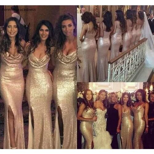 Cheap Sparkly Rose Gold Bridesmaid Dress Mermaid Side Split Garden Formal Wedding Party Guest Maid of Honor Gown Plus Size