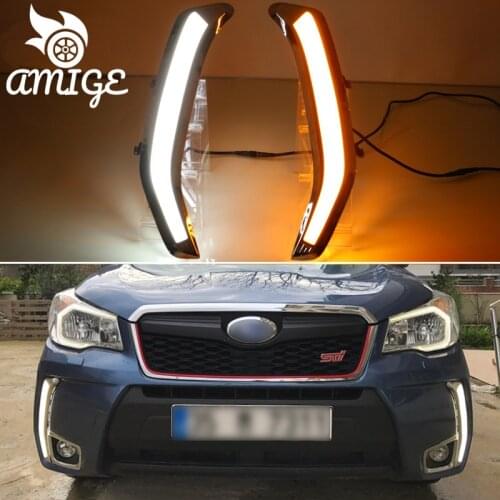 DNO Car LED Daytime Running Lights For Subaru Forester 2013 2014 2015 - 2018 12V Auto DRL Yellow Turn Signal Daylights Foglamp