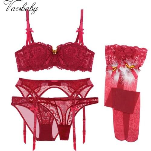 Varsbaby Women Sexy 5 Pcs Christmas Style Bra+Panty+Thong+Garter+Stockings Lingerie Sets