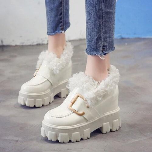 Women Winter Platform Sneakers 2021 Sponge Cake Thick Bottom Leather Shoes Plus Velvet British Shoes 10CM Heels Chunky Sneakers