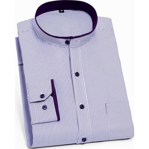 Men Vertical Striped Shirts Business Madarin Collar Long Sleeved Mens Casual Regular Fit Non-Iron Front Pocket Dress Shirt Male
