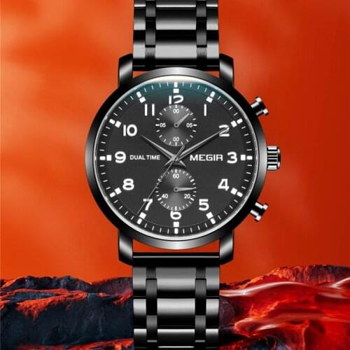 MEGIR 2160 Stainless Steel Quartz Male Wristwatches Grey Dial Waterproof Chronograph Luxury Business Watch Men Clock