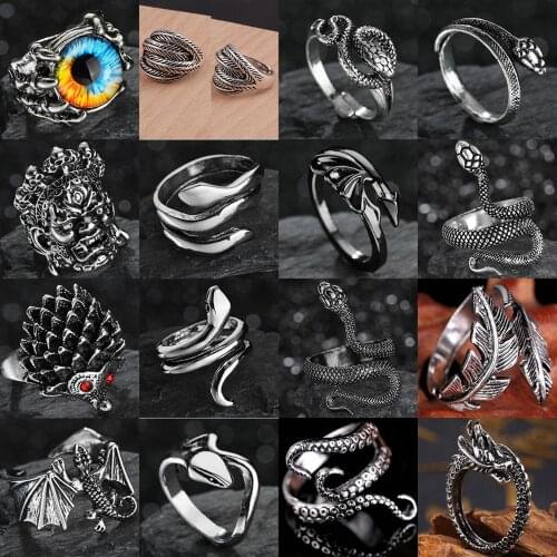 Punk Skull Vintage Tiger Ring For Men Steampunk Retro Hollow Snake/Evil Eye/Wings Rings Gothic Male Jewelry Hip Hop Dropshipping
