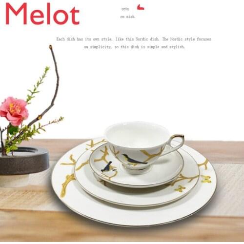 Wholesale dinner plate set gold rim restaurant flat round porcelain plate dinnerware sets ceramic cup and plate set