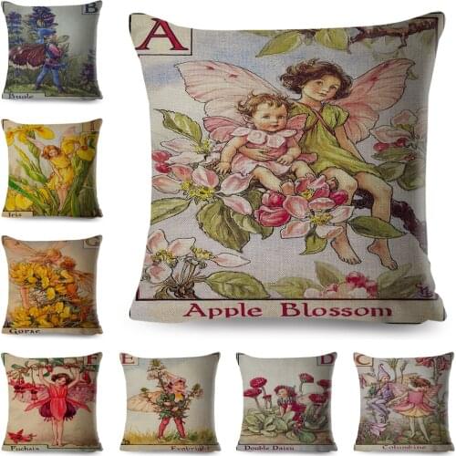 A-Z Letter Colorful Cute Cartoon Flower Girl Pillowcase Decor Fairy Tale World for Sofa Home Pillow Case Linen Cushion Cover