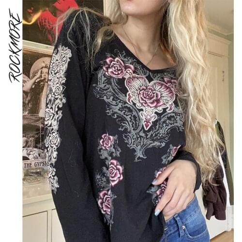 Rockmore Harajuku Print T Shirts Vintage Black Long Sleeve Crop Top Casual Tshirt Women Y2K Graphic Tee 90s Grunge Clothes 2021